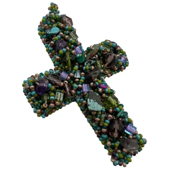 Vintage Handcrafted Beaded Embellished Cross Handmade Beads Ornamental Cross - Picture 5 of 10